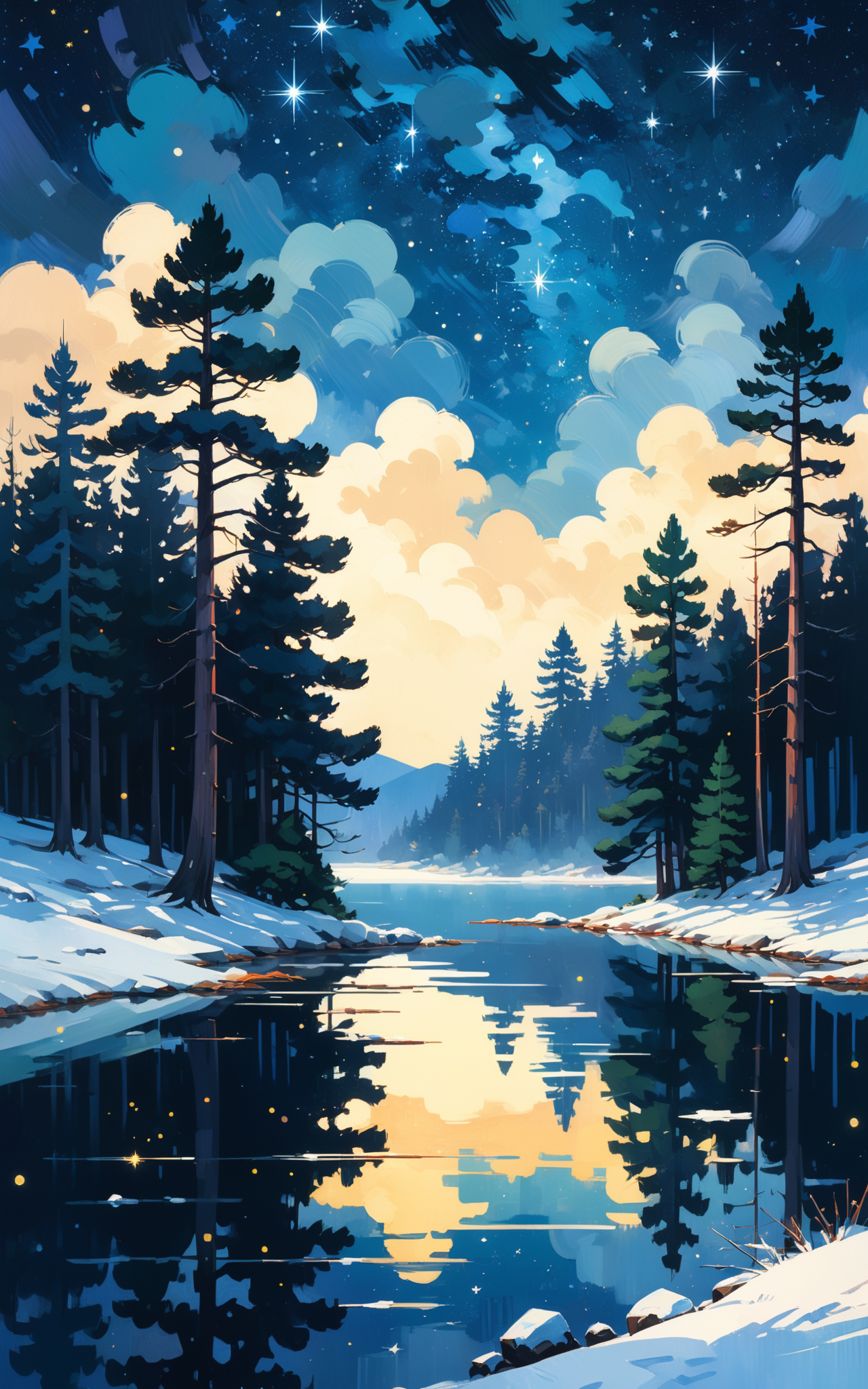 07261-4034011816-flat stylized pine trees, winter landscape with starry night sky and lake, painterly, acrylic painting, trending on pixiv fanbox.png